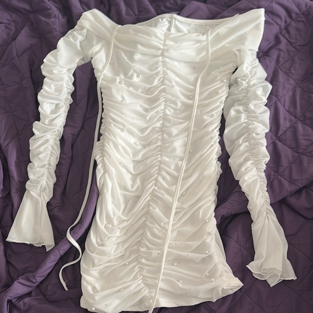 SHEIN White Ruched Off-the-Shoulder Mini Dress